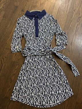 vfish Navy and White Printed Polo Dress with Contrast Collar